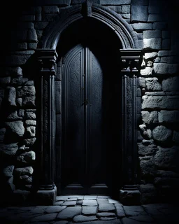 huge black door, stone, black, darkness, ancient, fantasy. high wall