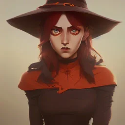 matte painting, color scheme brown and orange ,a beautiful portrait of a witch girl with a witch hat , orange short hair ,brown and orange dress, artstation, concept art, sharp focus, art by tom bagshaw, kelogsloops and greg rutkowski,