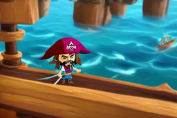 Cartoony Captain Jack Sparrow sailing on a small boat, in the middle of blue oceans, Legend Of Zelda: Wind Waker style, stylized, colorful, adventurous.