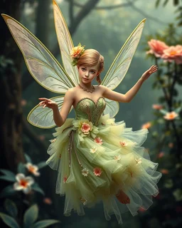 Gorgeous Digital Photography Realistic full body dress steampunk classic pixie flowers with a resemblance to Beautiful woman Tinkerbell on flying, beauty sharp contrast colors,jungles background,digital fantasy art