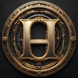 create me an ornate letter H encased in a thin round, ornate golden ring. mechanical futuristic cyberpunk style. background should be #000000 full black.