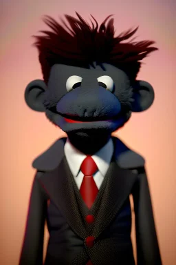 Waist up muppet Portrait, Kim Jong-un muppet doll, black suit, photo studio, red background, unreal engine 5, concept art, art station, god lights, ray tracing, RTX, lumen lighting, ultra detail, volumetric lighting, 3d.