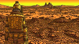Desert warrior from behind looking at a city in the distance, comic style