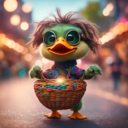 Ingvild Ringen as hairy groove funk ninja duck gremlin hippie holding disco ball like a basket ball,bokeh like f/0.8, tilt-shift lens 8k, high detail, smooth render, down-light, unreal engine