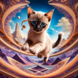 A high-speed action shot of a young Siamese kittenwith brown ears, captured in mid-leap or play. The image is detailed and intricate, featuring swirling fractal patterns surrounding the kitten, enhancing the sense of motion and energy. In the background, there's a mesmerizing fractal landscape, with complex geometric shapes and vibrant colors. The landscape and the fractal patterns around the puppy blend seamlessly, creating a dynamic and visually captivating scene in space with chrome silver pl