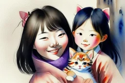 A cute smiling Korean girl is holding a kitten. Watercolour