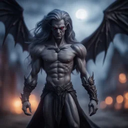 vampire dark elf grey angel nephilim vampire with muscles and big wig, Guiding souls through twilight, where the shadows flee In this realm of aftermath, phantoms softly tread Following the will-o-wisp, where the lost are led ,bokeh like f/0.8, tilt-shift lens 8k, high detail, smooth render, down-light, unreal engine