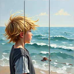 first panel of a triptych: a young boy by the shore, looking out to sea. Golden hair blowing in the wind, a hint of waves forming in his reflection. Painted in soft impasto style. --v 7 --style raw --ar 2:3 --q 2
