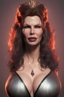 Kim Basinger as evil queen in black leather, busty, cleavage, curvy, angry, happy, stern look. character design by cory loftis, fenghua zhong, ryohei hase, ismail inceoglu and ruan jia. unreal engine 5, artistic lighting, highly detailed, photorealistic, fantasy