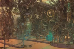 close up view on steampunk lab with big vapor tubes and alchemy equipment, mad scientist working, giant video screens, sci-fi vending machine, clock, retrofuturism, concept art by mucha and moebius and victo ngai, clean line, diesel punk