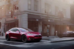 A Tesla 'Model S' is parked, on the streets of San Francisco. (CINEMATIC, WIDE ANGLE LENS, PHOTO REAL)