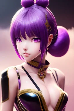 Detailed cute anime Kunoichi girl, purple hair buns, purple bangs, black latex bodysuit, intricate details, full body portrait, keep head in frame, slight smile, black Japanese motif, concept art, highly detailed, digital painting, concept art, sharp focus, illustration, art by Yoji Shinkawa, WLOP and greg rutkowski and alphonse mucha and artgerm and yanjun Chen and Junji ito and Makoto Shinkai, HDR, octane render