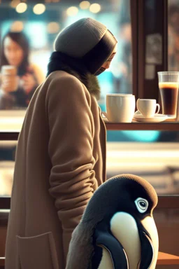 young woman talk to a penguin in coffee-shop