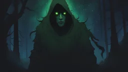 windigo turning to face you, dark forest background, glowing eyes. hunched over, staring covered in decay, deep shades of green, starry night sky, dark rainbow-color gradient sky