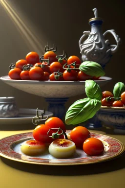 Italian Renaissance style still life consisting of a plate of Italian ravioli with natural cherry tomato and basil accompanied by olives, moisture ambient, natural ornaments, ceramic, marble, high kitchen, smooth, god rays, unreal engine 5, ray tracing, RTX, lumen lighting, ultra detail, volumetric lighting, 3d.