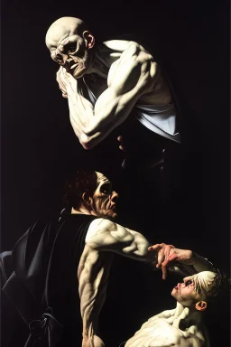 in the style of Caravaggio - the Frankenstein monster wearing a heavy, black coat, vest, white shirt, bow tie, black pants, and heavy platform boots -- 4k Ultra-HD, Hyper Realistic, Cinematic lighting, Clean and crisp detail, well-lit image