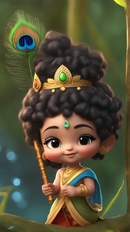 [Indian God Krishna], 3d Pixar style, chibi, whole body, super cute baby, Cute smile, curly black hair, (Holding small Bamboo Flute , peacock feather on crown on forehead), unreal engine, detailed, forest background, ultra high definition, 32k, realistic