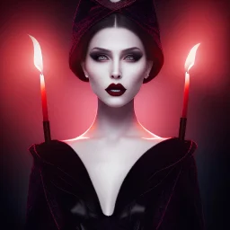 model shoot style, digital art portrait of an (evil priestess vampire) ((dressed in black and red gown)), in a dark cave, surrounded by black candles, ultra-detailed, ultra quality, ((official character art)), (dark fantasy), illustration, eerie atmosphere, 8k, cinematic lighting, bokeh