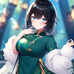 Clear focus,High resolution, Black short fluffy hair, and blue eyes, wearing a Chinese Traditional outfit dark green with black, Blushing, Hand up, white fur around her neck