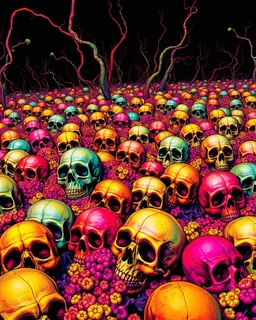 a field of skulls, multi colored, bright, vivid, psychedelic, high detailed, matte, bunches and bubbled up clumps, horrorcore, vines, unsettling contrast