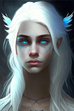 hauntingly beautiful character for dnd, young woman with white hair and blue eyes, angel