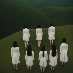 a group of women standing on top of a lush green hillside, inspired by Ren Hang, design milk, long black hair, whites, wanderers traveling from afar, trending on artisation, cloning spell, coat pleats, in twin peaks, submarine, by Helen Thomas Dranga, symetry, round-cropped, noire photo