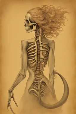 captivating anatomical illustration of a humanoid skeleton fused with a mermaid's tail, set against a vintage paper backdrop. The skeletal structure is intricately detailed, with exposed muscles and tendons, while the mermaid's tail is brilliantly colored in