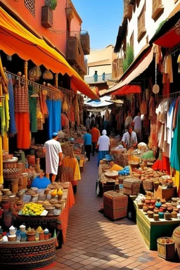 A Moroccan market scene, bustling with life and vibrancy. Picture a myriad of traditional shops, each filled with intricate handicrafts, colorful textiles, and fragrant spices.