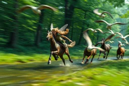 oil painting ,motion blur running caped long haired pixie Quickling - Forgotten Realms dodging geese above water and along winding branches in lush green forest along speeding horses , bokeh like f/0.8, tilt-shift lens 8k, high detail, smooth render, down-light, unreal engine, prize winning