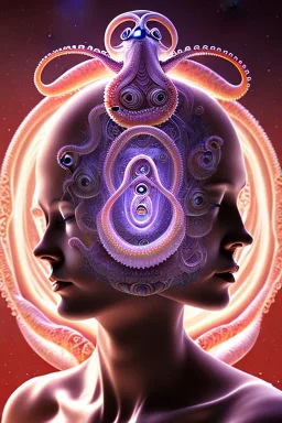 Spiritual being with Tentacles over human Head creating reality around, wrapping Spiral around people, Psychedelic