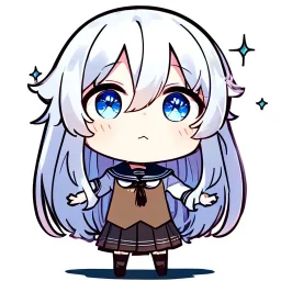 Clear focus, High resolution, long white hair, hair between eyes, straight long locks, sparkling blue eyes, wearing a sailor uniform, wearing a sailor skirt, wearing a brown vest, cute, 1girl, fluffy hair, cute, chibi, cartoon, rough line art, white background