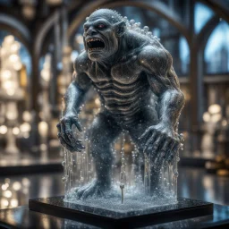 giger escher ogre sculpture in transparent murano glass beeing sprinkled by fountain inside frozenglass box,bokeh like f/0.8, tilt-shift lens 8k, high detail, smooth render, down-light, unreal engine,bokeh like f/0.8, tilt-shift lens 8k, high detail, smooth render, down-light, unreal engine