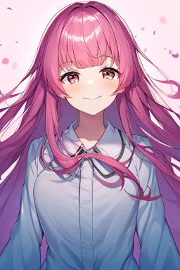 anime, female, young, assistant, cheerful, facing the camera, center in portrait, pink haired, long hair