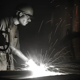 Imagen realista y dramática de una trabajador en una fábrica de fundición rodeado de las chispas que saltan, en medio de la penumbra, primer plano del trabajador mirando la pieza que funde. Fotografía periodística realizada con una cámara Leica y un objetivo de 50 mm