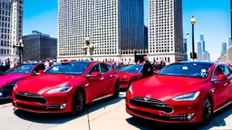 A Tesla's 'Model S Plaid' is racing at top speed, on the Navy Pier, in Chicago. CINEMATIC. WIDE ANGLE LENS. PHOTO REAL.