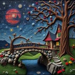 Photograph hasselblad h6d400c --ar 85:128 --v 6.0 of a fairy old bridge, tree, old bewitched house, made of felt, art, 3d deep field, Joan Miró, wide angle landscape scene, galaxies, creepy, Max Ernst, needlepoint, abstract silhoutte, expressionist style, colorful holiday