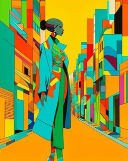 arafed avant-garde fashion, crazy distorted shapes, vague outlines, elongated woman walking through a color-blocked abstract city in oversized patchwork jacket and blue trousers, vague bold geometric planes and overlapping color blocks, vibrant high-saturation palette of warm yellow orange sky blue turquoise and olive green, overheat vibe, heatwave vibe, excellent parallels, amazing verticals, amazing transparency