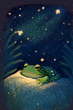 Жаба засыпает в уютное кровати, звёздное небо, в стиле иллюстрации