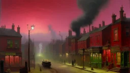 A dark reddish magenta western town covered in smoke painted by John Atkinson Grimshaw