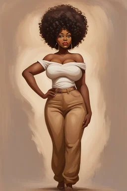 create a expressive oil painting image of a cartoon curvy black female wearing beige linen pants and a brown off the shoulder. Prominent make up with hazel eyes. Highly detailed long thick curly afro.