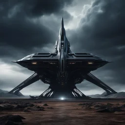 Alien stand front at Futuristic symmetrical spaceship crashlanded on an alien planet, photoreal, ,dark and moody, ambient lighting, intricate details, dark brooding sky