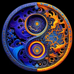 yin-Yang symbol, hyper detailed, photorealistic, hyper detailed, hyper defined, orange, azul, purple, yellow, DMT art