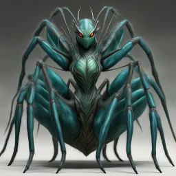 [photorealistic, greenish-blueish, half-woman] the Arachnomorph Queen, a monstrous hybrid that seemed to defy the laws of nature.Her upper torso was that of an elegant woman, but her lower body morphed seamlessly into a grotesque spider's abdomen. The eight spindly legs that supported her colossal form ended in razor-sharp pikes, glinting ominously in the dim light. The queen's eyes, like shards of obsidian, fixed upon the intruders with a malevolent intelligence. Brain, zombie, skull and the li