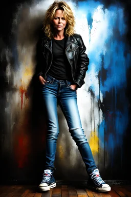 Full body Portrait - digital photograph, chiaroscuro, extremely colorful, vibrant, lifelike, 20th century masterpiece, rich deep colors, highly detailed portrait, beautiful, extremely gorgeous Meg Ryan wearing a black leather biker's jacket, a black "Iron Maiden" T-shirt, Blue Jeans, black Converse sneakers, absolute reality