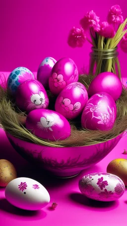 A purplish magenta Easter themed plain with eggs and bunnies painted by Zhang Lu