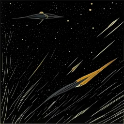 A black outer space with fast shooting stars painted by John Brack