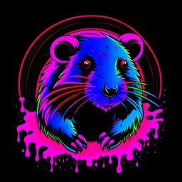 anime Capybara with neons red, blue, purple and pink colours in a melting cirlce with black background. With medium under word "KISSABLE" in neon red, blue, purple and pink