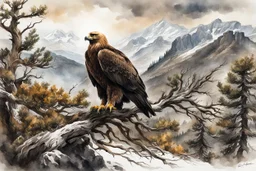 museum quality ink wash and watercolor painting of a Golden Eagle perches in the branches of an ancient, gnarled and twisted, Bristlecone Pine, on a remote plateau in the Rocky Mountains in the style of Karl Bodmer, and Winslow Homer, rendered as an aquatint, with a fine art aesthetic, highly detailed , 8k UHD cinegraphic realism