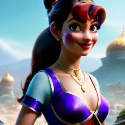 Aladdin cartoon style, hyper detailed, strikingly beautiful young female, 12 years old, long ponytail, ginger hair, green eyes, medium freckles, full lips, micro top, black leather armour, full body, full face, tiny breasts, full frame, athletic, centered camera, ignore NSFW, thong, camel toe, petite