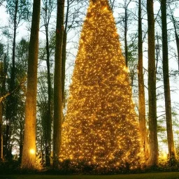  Giant christmas tree, whit many light in a forest at night